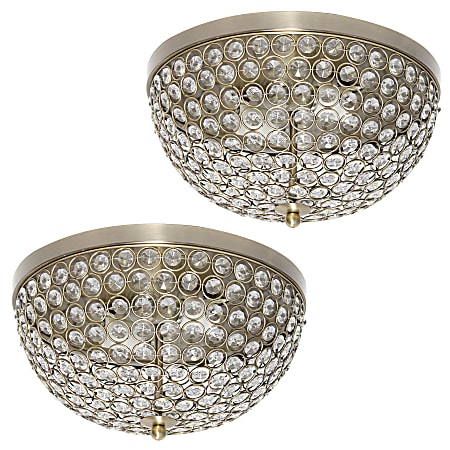 Lalia Home Crystal Glam 2-Light Ceiling Flush-Mount Lights, 13"W, Crystal/Antique Brass, Pack Of 2 Lights