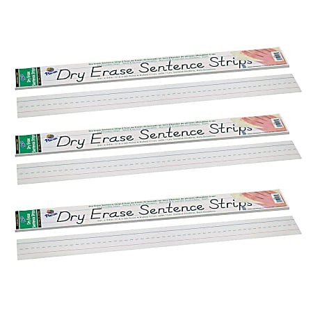 Pacon Dry Erase Sentence Strips, 1-1/2" x 3/4" Ruled, 1/16”H x 3”W x 24”D, White, 30 Strips Per Pack, Set Of 3 Packs