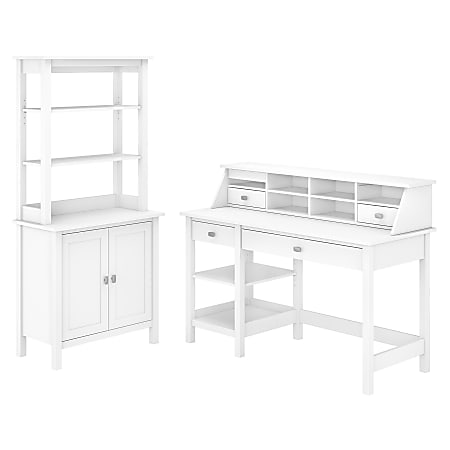 Bush Furniture Broadview 54"W Computer Desk With Shelves, Desktop Organizer, Accent Storage Cabinet And Hutch, Pure White, Standard Delivery
