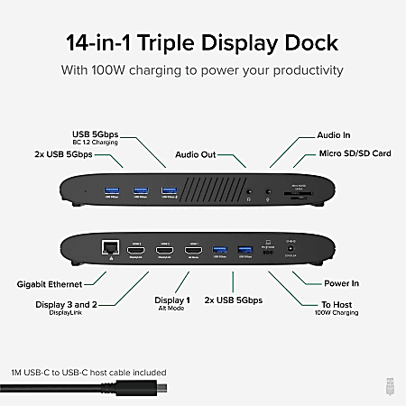 Plugable 14 in 1 USB C Triple Monitor Laptop Docking Station with
