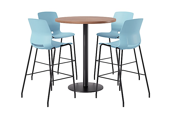 KFI Studios Proof Bistro Round Pedestal Table With Imme Barstools, 4 Barstools, 36", River Cherry/Black/Sky Blue Stools