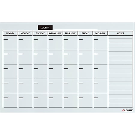 Lorell® Magnetic Dry-Erase Glass Monthly Planner Board, 36" x 24", White