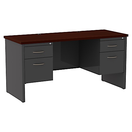 WorkPro® Modular 60"W x 24"D Double Pedestal Desk, Charcoal/Mahogany