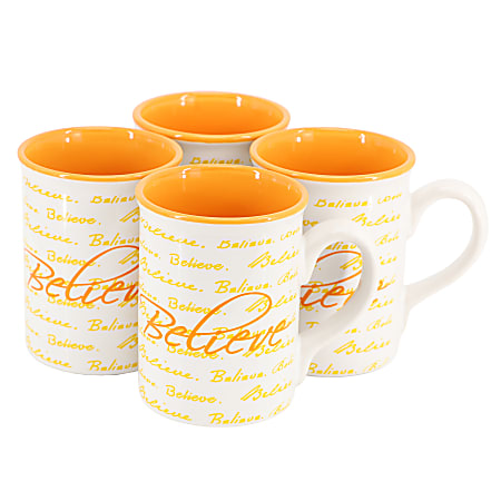 Gibson Home Inspirational Words 4-Piece Stoneware Mug Set, 16 Oz, Orange