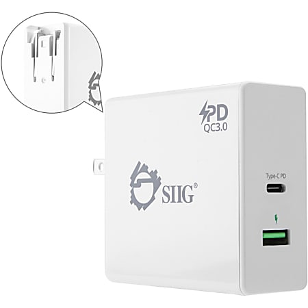 SIIG 65W USB-C PD Charger Power Delivery with QC3.0 Wall Charge - 65 W - 120 V AC, 230 V AC Input - 3.6 V DC/3 A, 6.5 V DC, 5 V DC, 9 V DC, 12 V DC, 15 V DC, 20 V DC Output