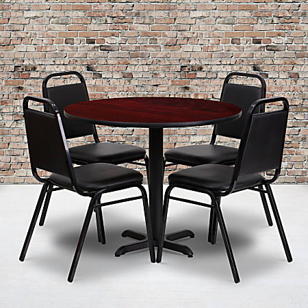 Flash Furniture Round Table With 4 Banquet Chairs, 30" x 36", Mahogany/Black