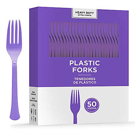 Amscan 8017 Solid Heavyweight Plastic Forks, Purple, 50 Forks Per Pack, Case Of 3 Packs