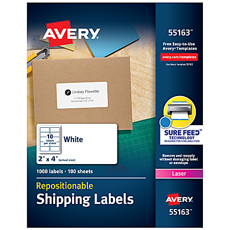 Avery® Repositionable Shipping Labels With Sure Feed® Technology, 55613, Rectangle, 2" x 4", White, Pack Of 1,000