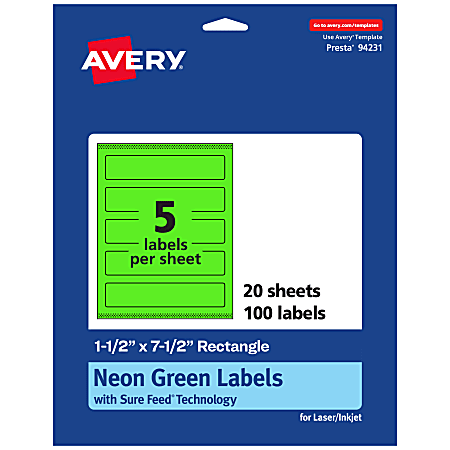 Avery® Print-To-The-Edge Labels With Sure Feed® Technology, 94231-NGP20, Rectangle, 1-1/2" x 7-1/2", Matte Neon Green, Pack of 100