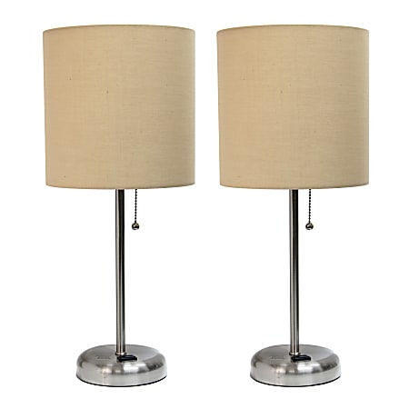 LimeLights Brushed Steel Stick Lamp with Charging Outlet and Tan Fabric Shade 2 Pack Set