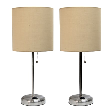 LimeLights Stick Desktop Lamps With Charging Outlets, 19-1/2", Tan Shade/Brushed Nickel Base, Set Of 2 Lamps