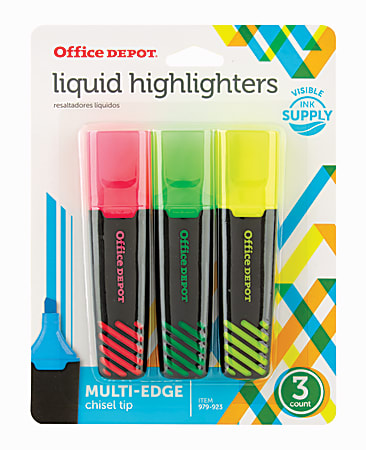 Office Depot® Brand Liquid Highlighters, Chisel Point, Black/Translucent Barrel, Assorted Ink Colors, Pack Of 3