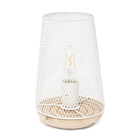 Simple Designs Wired Mesh Uplight Table Lamp, 9"H, White Shade/Natural Wood Base