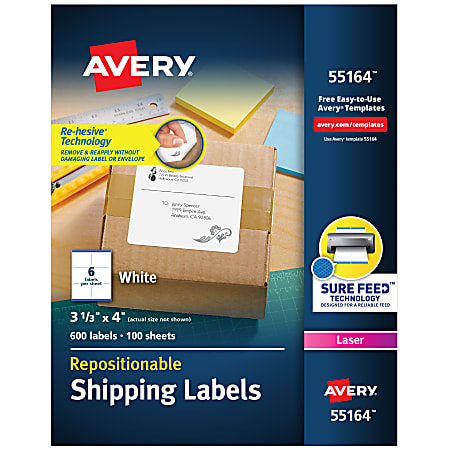Avery® Repositionable Permanent Shipping Labels, 55164, 3 1/3" x 4", White, Box Of 600