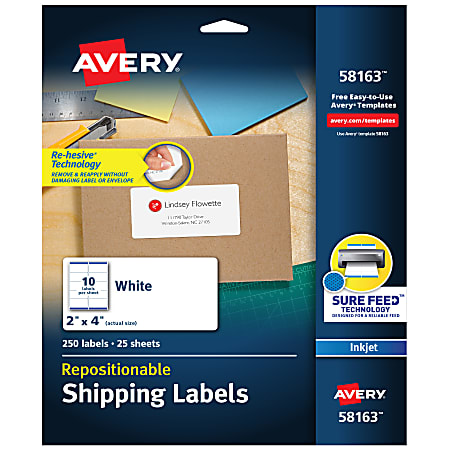 Avery® Repositionable Shipping Labels With Sure Feed® Technology, 58163, Rectangle, 2" x 4", White, Pack Of 250