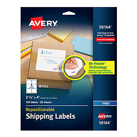 Avery® Repositionable Inkjet Shipping Labels, 3 1/3" x 4", White, Pack Of 150, 58164, 3 1/3" x 4", White, Pack Of 150