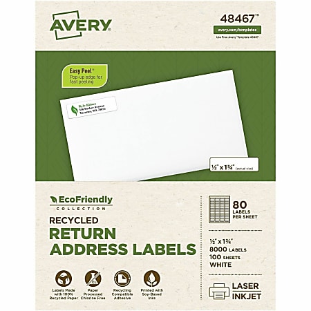 Avery&reg; Easy Peel&reg; EcoFriendly Permanent Inkjet/Laser Return Address Labels, 48467, 1/2" x 1 3/4", 100% Recycled, White, Pack Of 8,000