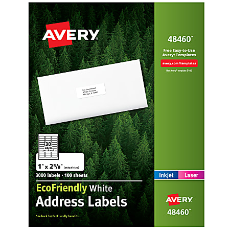 Avery® Easy Peel® EcoFriendly Permanent Inkjet/Laser Address Labels, 48460, 1" x 2 5/8", 100% Recycled, White, Pack Of 3,000