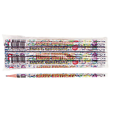 Moon Products Happy Birthday Pencils, #2 Lead, Silver Barrel, Pack of 12