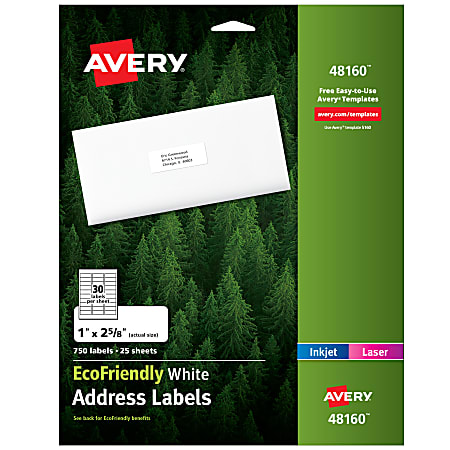 Avery® EcoFriendly Address Labels, 48160, Rectangle, 1" x 2-5/8", White, Pack Of 750 Labels