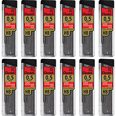 Pentel Super Hi-Polymer Leads - 0.5 mm , Fine Point - HB - Black Lead - 30/Tube - 12 / Box