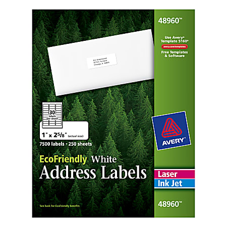 Avery® Easy Peel® EcoFriendly Permanent Inkjet/Laser Address Labels, 48960, 1" x 2 5/8", 100% Recycled, White, Pack Of 7,500