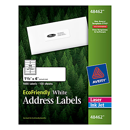Avery® Easy Peel® EcoFriendly Permanent Inkjet/Laser Address Labels, 48462, 1 1/3" x 4", 100% Recycled, White, Pack Of 1,400