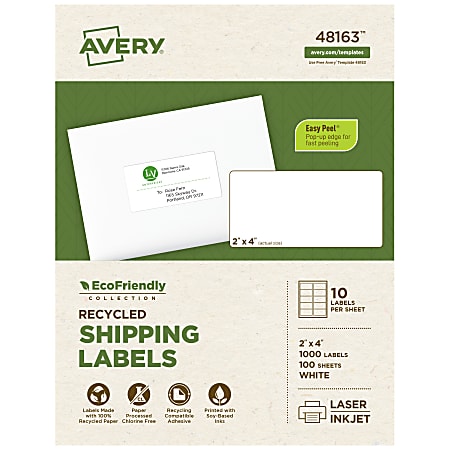 Avery® EcoFriendly Permanent Shipping Labels, 48163, 2" x 4", 100% Recycled, White, Box Of 1,000