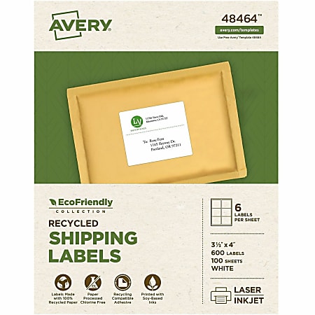 Avery® EcoFriendly Permanent Shipping Labels, 48464, 3 1/3" x 4", 100% Recycled, White, Box Of 600