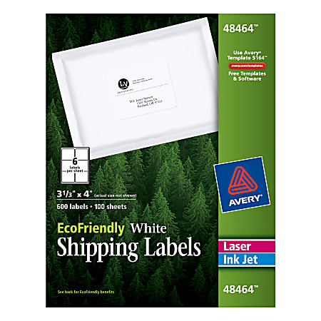 Avery® EcoFriendly Permanent Shipping Labels, 48464, 3 1/3" x 4", 100% Recycled, White, Box Of 600