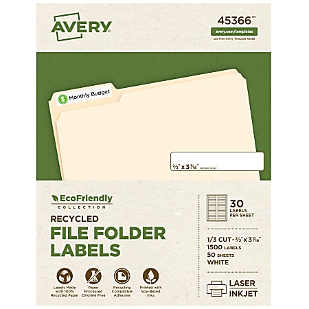 Avery® Easy Peel® EcoFriendly Permanent File Folder Labels, 45366, 2/3" x 3 7/16", 100% Recycled, White, Pack Of 1,500