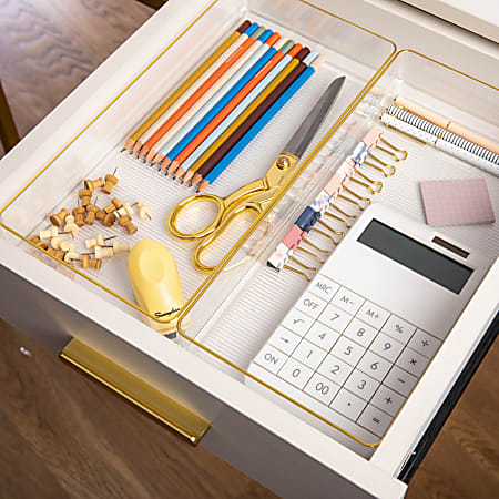 Martha Stewart Kerry Plastic Stackable Office Desk Drawer Organizers, 12 x 6, 3 Pack, with Gold Trim