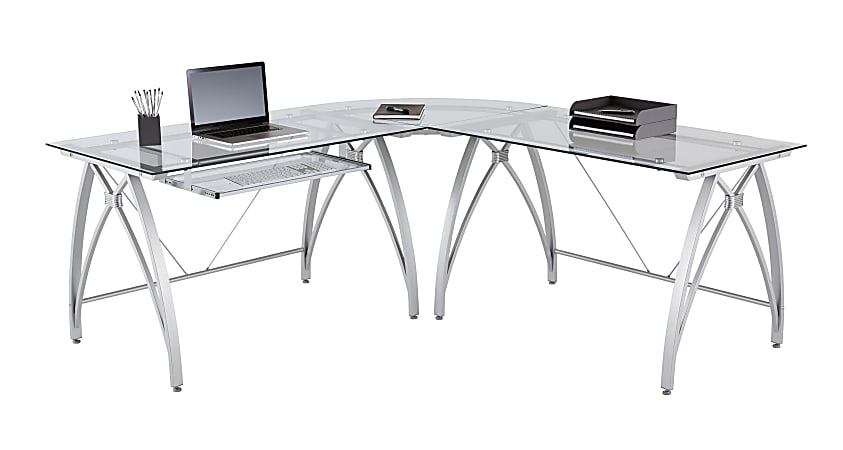 Realspace® Vista Glass 76"W L-Shape Corner Desk, Silver