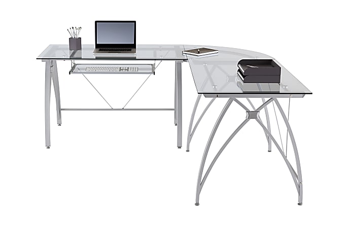 Realspace® Vista Glass 76"W L-Shape Corner Desk, Silver