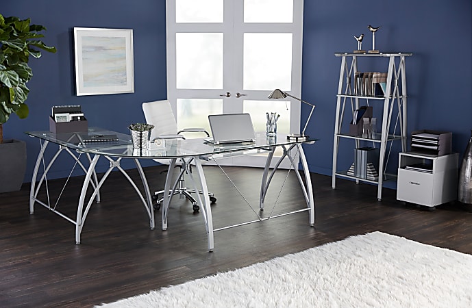 Realspace® Vista Glass 76"W L-Shape Corner Desk, Silver
