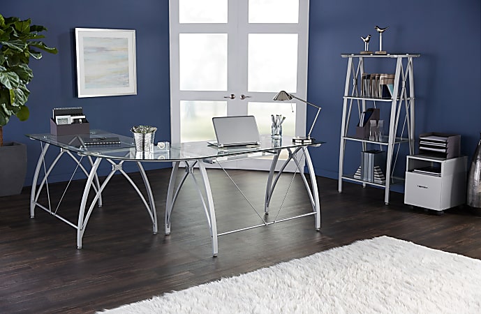 Realspace® Vista Glass 76"W L-Shape Corner Desk, Silver