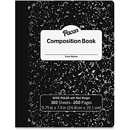 Pacon Composition Book - 100 Sheets - 200 Pages - Wide Ruled - 0.38" Ruled Red Margin - 9.75" x 7.5"0.1" - White Paper - Black Marble Cover - Durable, Hard Cover - 100 / Each