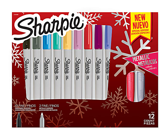Sharpie® Permanent Fine-Point Markers, Holiday Gift Box, Gray Barrels, Assorted Ink Colors, Pack Of 12 Markers