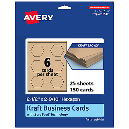 Avery® Print-To-The-Edge Business Cards With Sure Feed® Technology, 2-1/2"x2-9/10" Hexagon, Kraft Brown, Pack Of 150