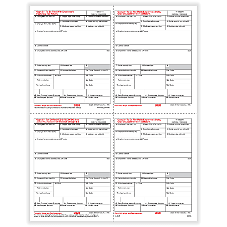 ComplyRight™ W-2 Tax Forms, 4-Up (Box Format), Employee’s Copies B, C, 2 & 2 Combined, Laser, 8-1/2" x 11", Pack Of 50 Forms