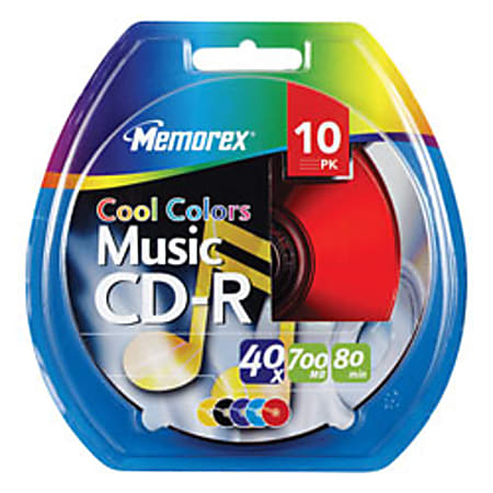 Memorex® Music CD-R Recordable Media, "Cool Colors", 700MB/80 Minutes, Pack Of 10