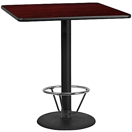 Flash Furniture Laminate Square Table Top With Round Bar-Height Base And Foot Ring, 43-1/8"H x 42"W x 42"D, Mahogany/Black