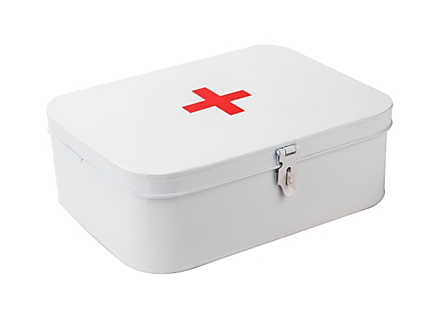 Mind Reader First Aid Box Emergency Kit Medical Supply Organizer Vintage  Buckle Lock, 4-21/2H, x 9-1/2W x 12-1/2D, White