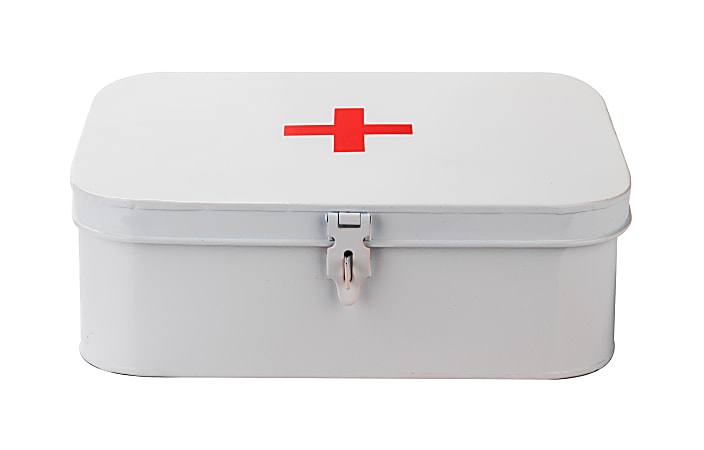 Mind Reader First Aid Box Emergency Kit Medical Supply Organizer Vintage  Buckle Lock 4 212 H x 9 12 W x 12 12 D White - Office Depot