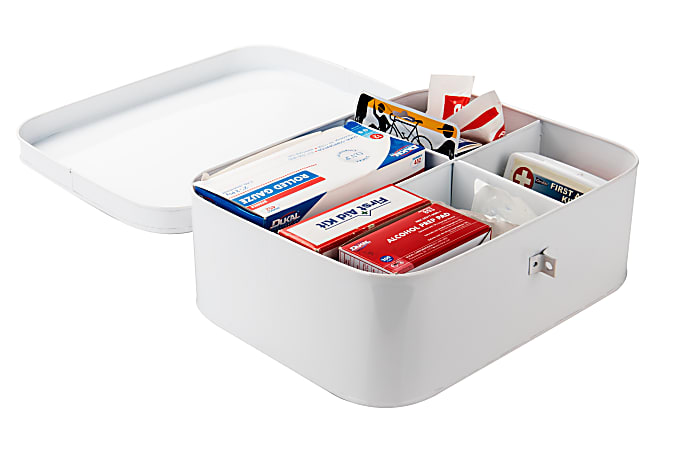 Mind Reader First Aid Box Emergency Kit Medical Supply Organizer Vintage  Buckle Lock 4 212 H x 9 12 W x 12 12 D White - Office Depot
