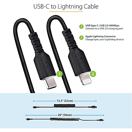 StarTech.com USB C to Lightning Cable 50cm / 20in, MFi Certified, Coiled iPhone Charger Cable, Black, TPE Jacket Aramid Fiber - 20in (50cm) Coiled USB-C to Lightning charging cable with aramid fiber