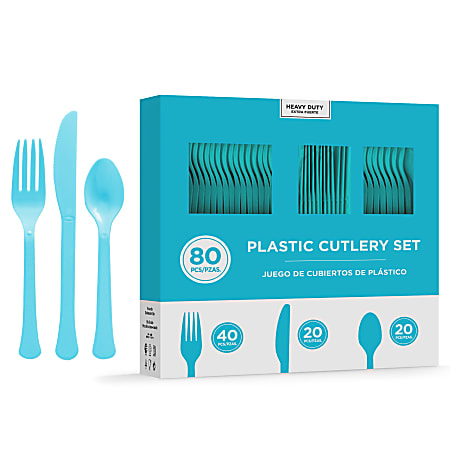 Amscan 8016 Solid Heavyweight Plastic Cutlery Assortments, Caribbean Blue, 80 Pieces Per Pack, Set Of 2 Packs