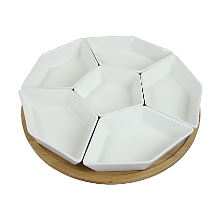 Elama Signature Modern 7-Piece Lazy Susan Server Set, 12", White/Bamboo