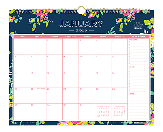 Blue Sky™ Day Designer® Monthly Wall Calendar, 15" x 12", Peyton Navy, January to December 2019