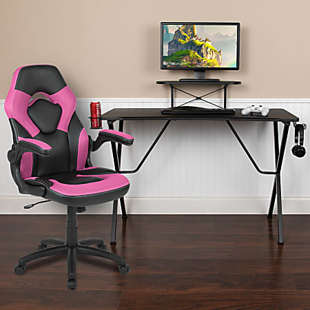Flash Furniture Gaming Desk And Racing Chair Set With Cup Holder, Headphone Hook and Monitor/Smartphone Stand, Pink